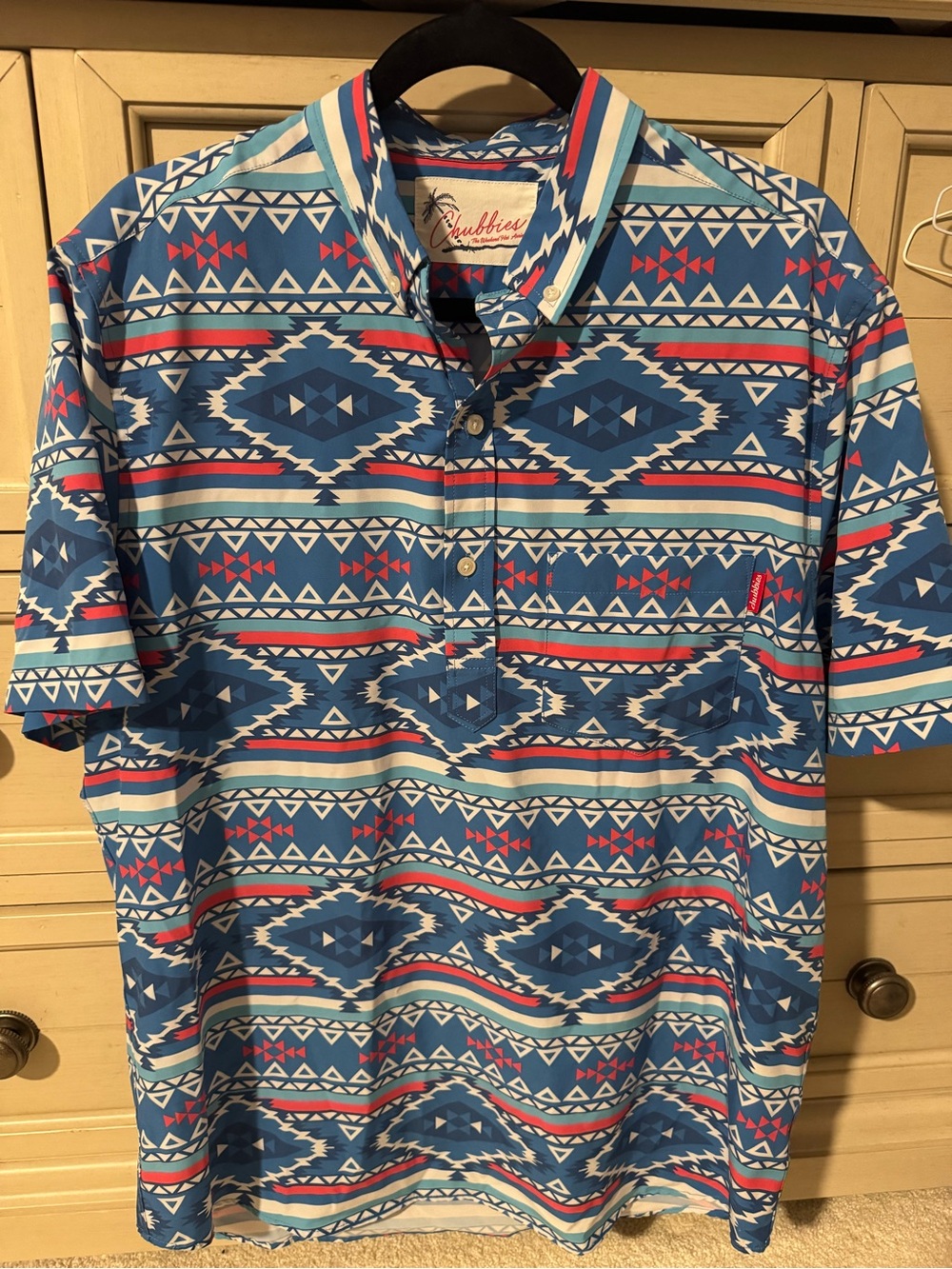 chubbies Blue Geometric Short-Sleeve Button-Down with Coral Accents